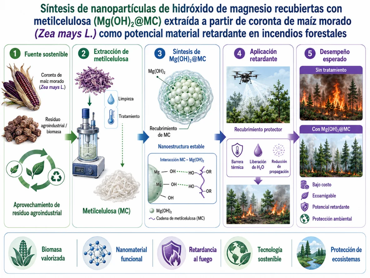 Síntesis de nanopartículas de hidróxido de magnesio recubiertas con metilcelulosa (Mg(OH)₂@MC) extraída a partir de coronta de maíz morado (Zea mays L.) como potencial material retardante en incendios forestales