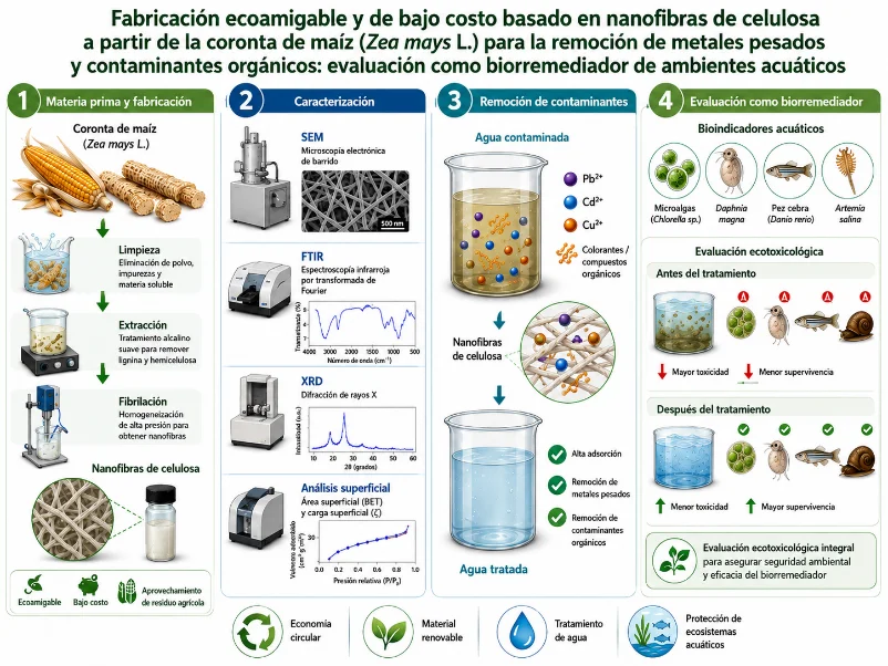 Fabricación ecoamigable y de bajo costo basado en nanofibras de celulosa a partir de la coronta de maíz (Zea mays L.) para la remoción de metales pesados y contaminantes orgánicos: evaluación como biorremediador de ambientes acuáticos
