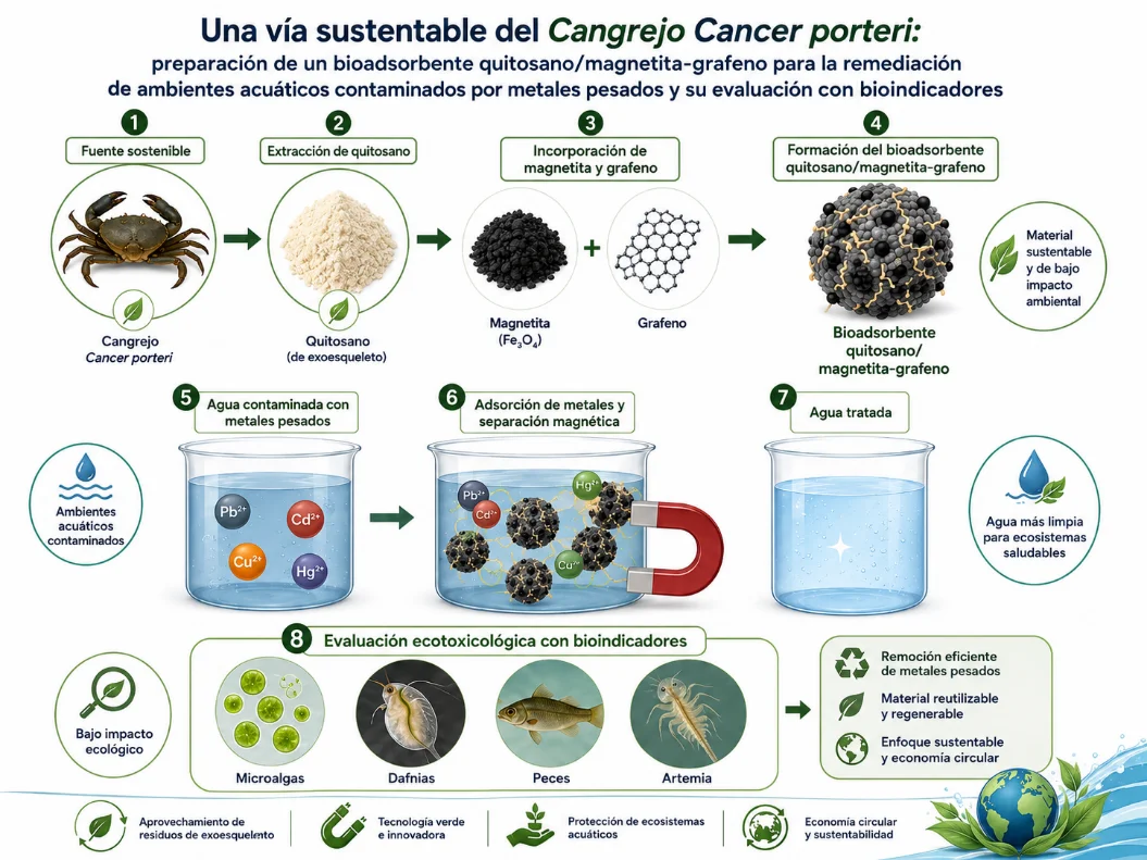 Una vía sustentable del cangrejo Cancer Porteri: preparación de un bioadsorbente quitosano/magnetita-grafeno para la remediación de ambientes acuáticos contaminados por metales pesados y su evaluación con bioindicadores