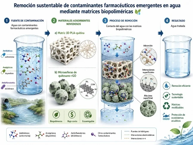 Remoción sustentable de contaminantes farmacéuticos emergentes en sistemas acuosos usando novedosas matrices biopoliméricas de quitina/quitosano: ácido poliláctico-quitina en 3D y quitosano funcionalizado con óxido de grafeno reducido en microesferas